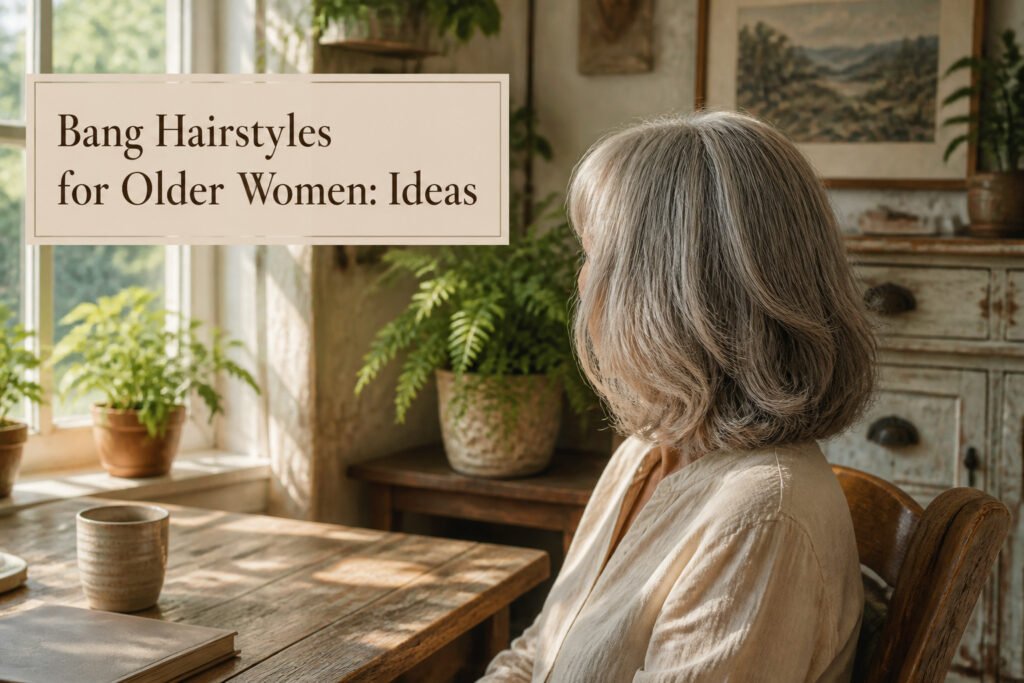 An older woman with stylish bangs poses for the camera.