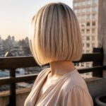 A model showcases a medium bob haircut in a bright setting.