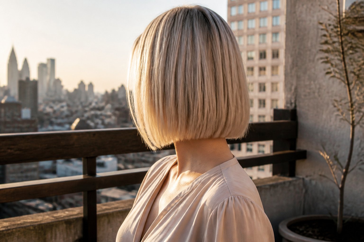 A model showcases a medium bob haircut in a bright setting.