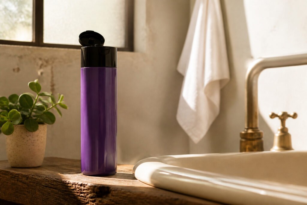 A collection of various purple shampoos displayed on a surface.