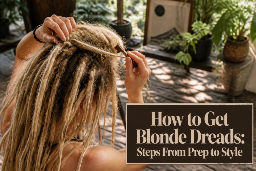 A model showcasing beautifully styled blonde dreads in natural light.