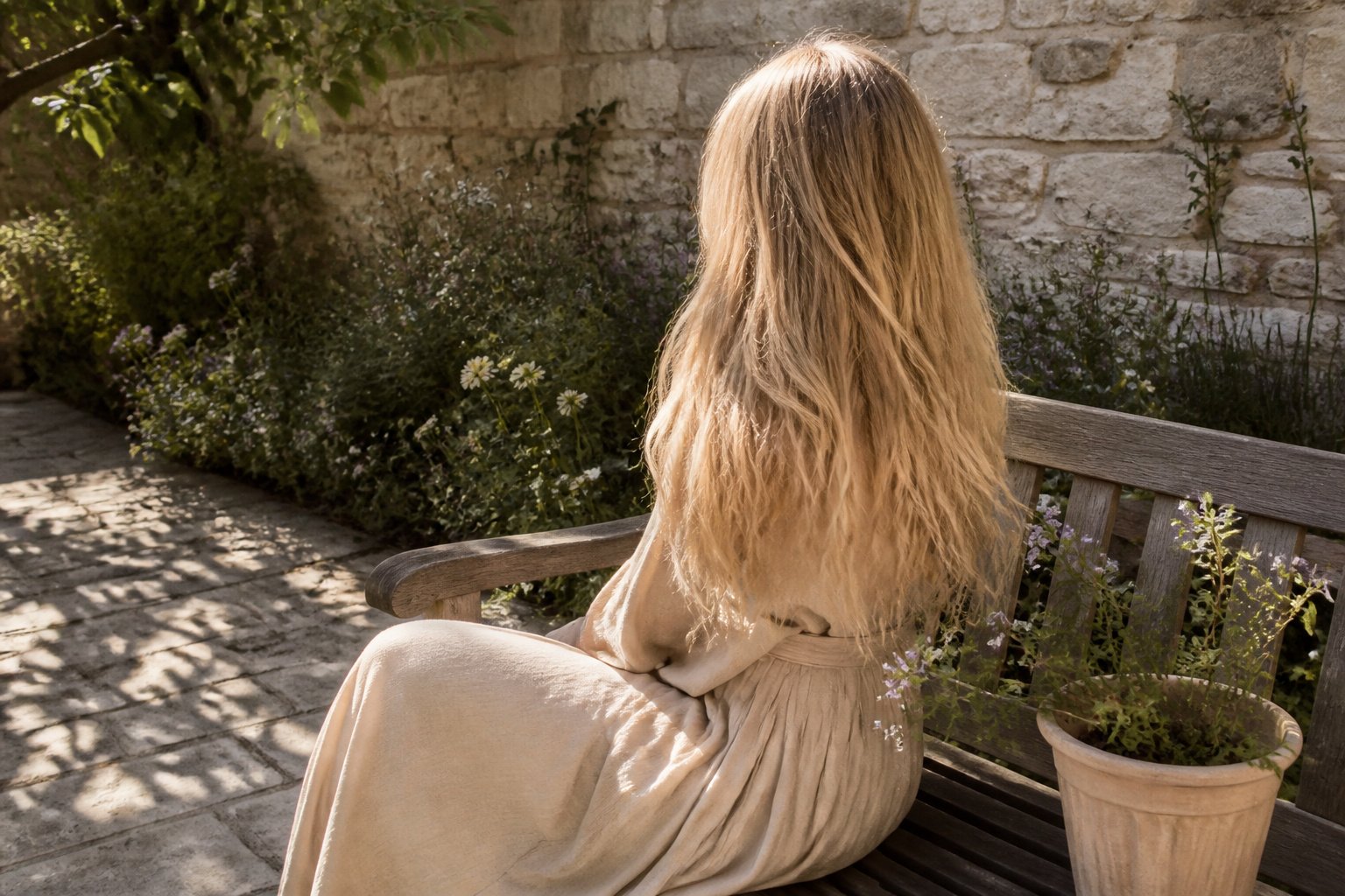 A model with blonde hair in a fashionable setting.