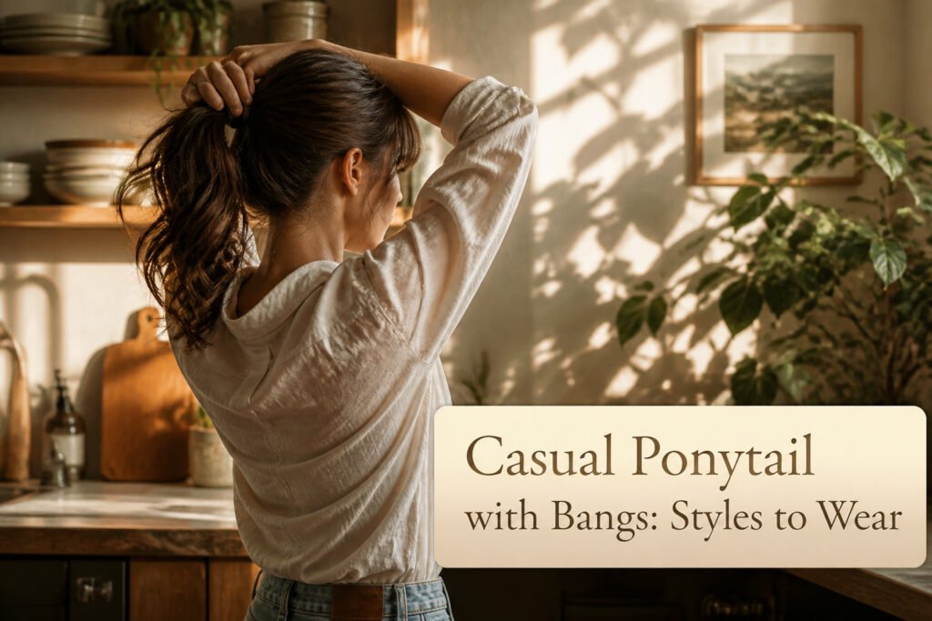 A model with a casual ponytail and bangs in a soft-lit setting.