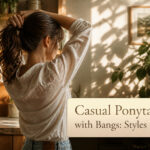 A model with a casual ponytail and bangs in a soft-lit setting.