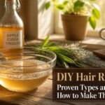 A variety of ingredients for DIY hair rinses displayed on a wooden surface.