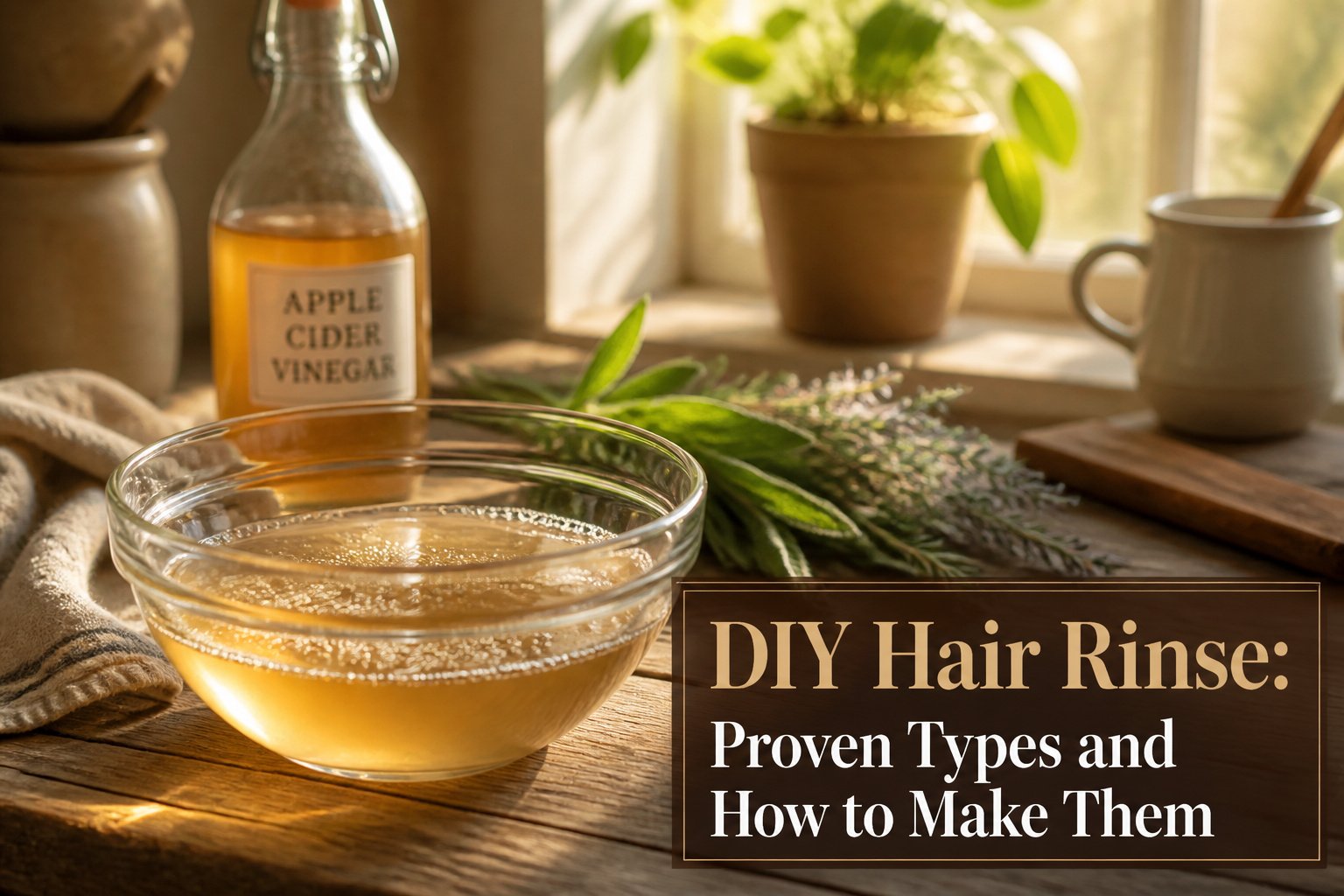 A variety of ingredients for DIY hair rinses displayed on a wooden surface.
