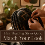 A model with intricate cornrow braids styled in geometric patterns.