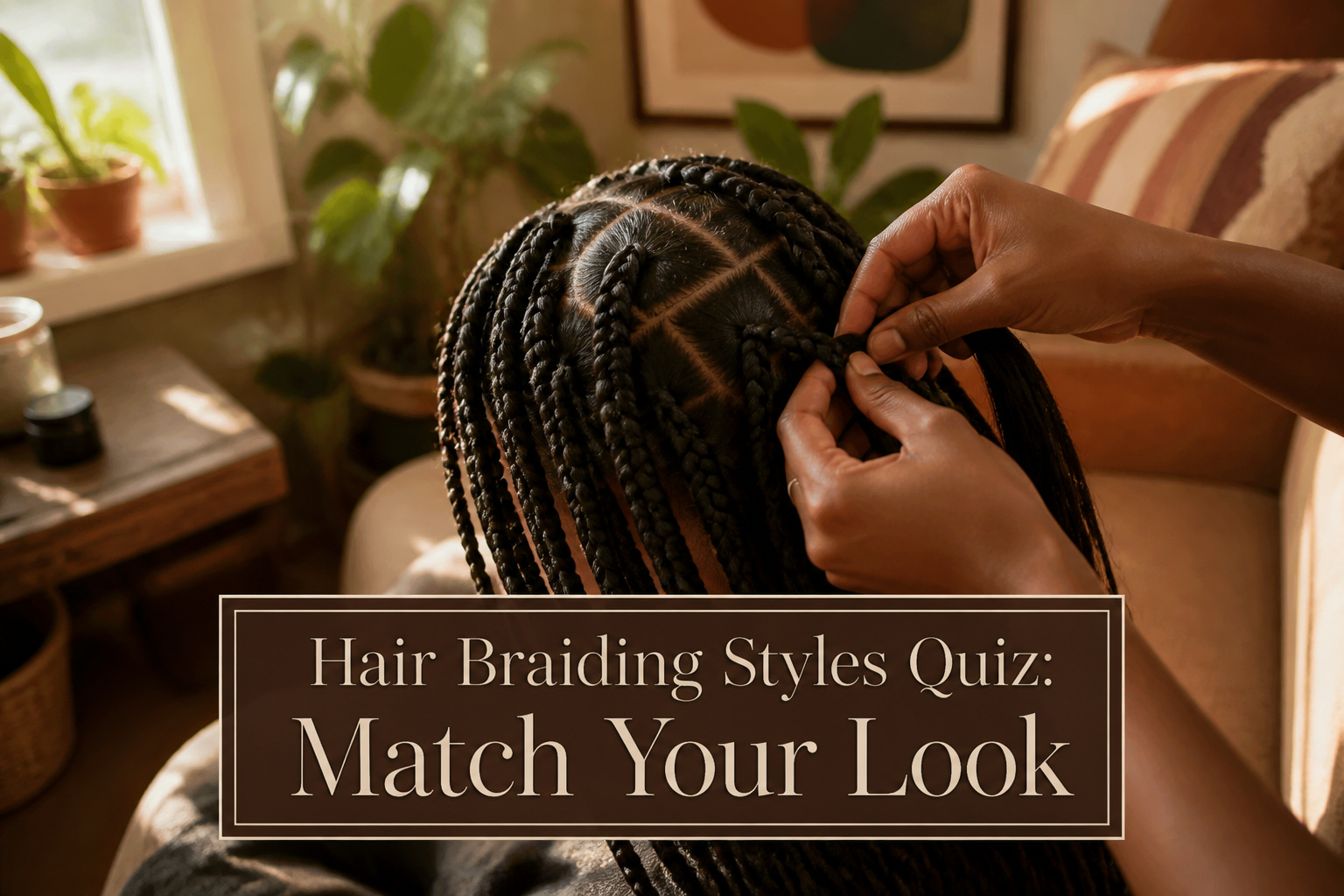A model with intricate cornrow braids styled in geometric patterns.