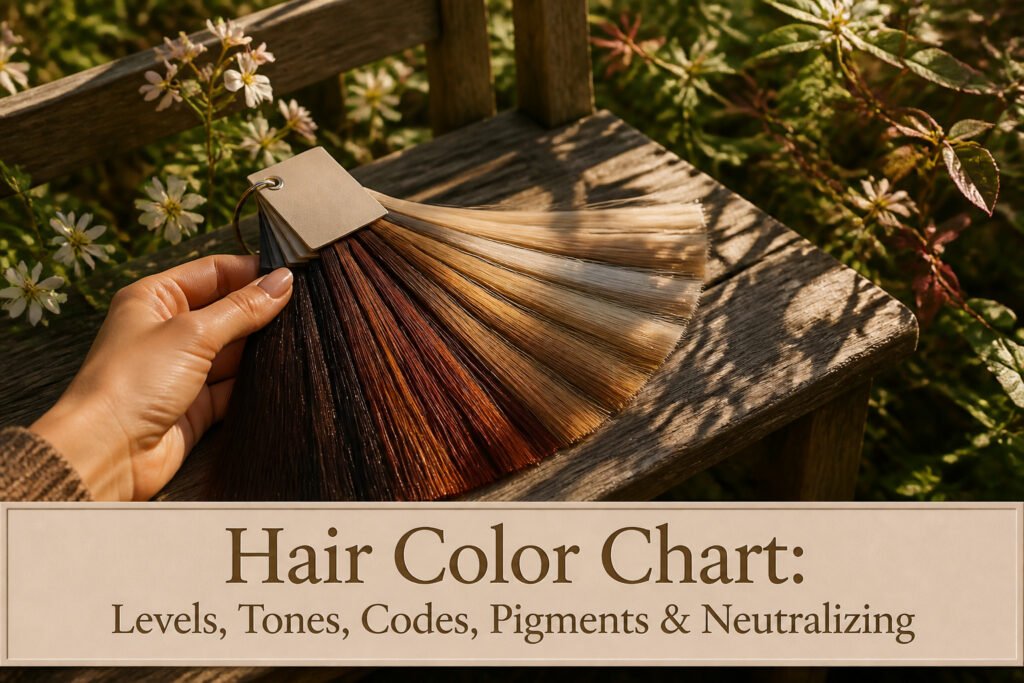 A colorful hair color chart showing various levels and tones.