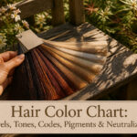 A colorful hair color chart showing various levels and tones.