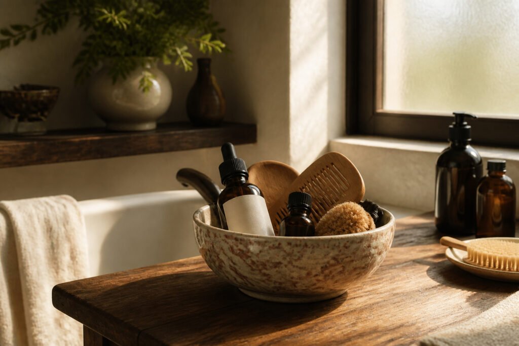 Various hair care products displayed on a bathroom countertop.