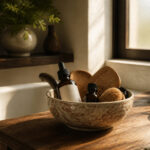 Various hair care products displayed on a bathroom countertop.