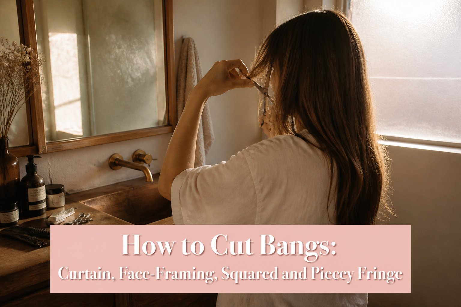 Model demonstrating different types of bangs in a salon setting.