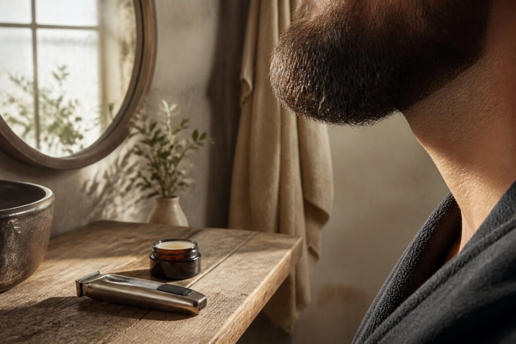 A man with a thick beard stands in front of a bathroom mirror.