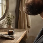 A man with a thick beard stands in front of a bathroom mirror.