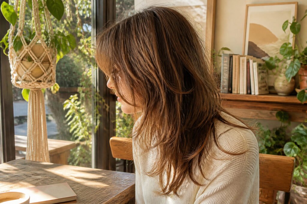 Model with layered bangs in a stylish environment.