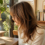 Model with layered bangs in a stylish environment.