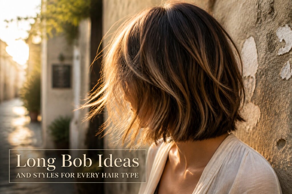 A collage of various long bob hairstyles showcasing different styles and textures.