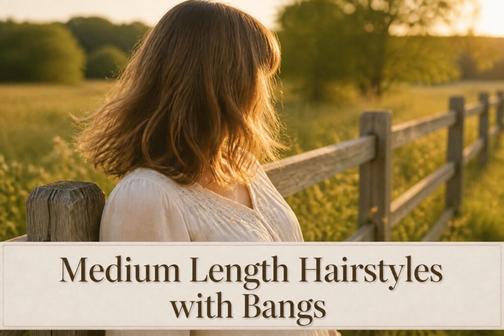 A collection of medium length hairstyles featuring different bang styles.