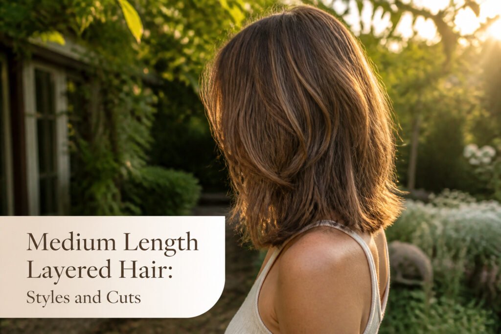 Model showcasing medium length layered hair against a sunlit urban backdrop.