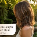Model showcasing medium length layered hair against a sunlit urban backdrop.