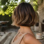 Model with short hair displaying balayage in a garden.