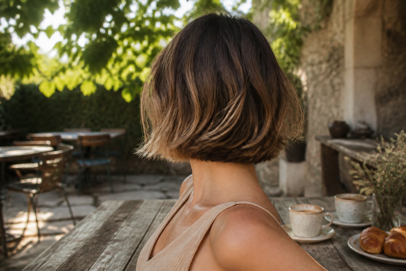 Model with short hair displaying balayage in a garden.