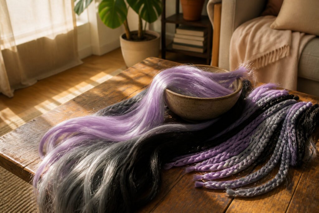 A woman stands in a well-lit room, preparing for box braids.