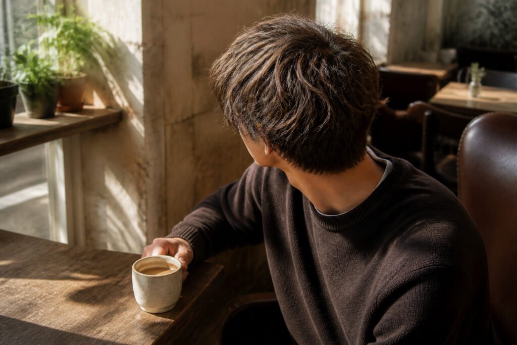 Model displaying a textured fringe haircut in an urban setting.