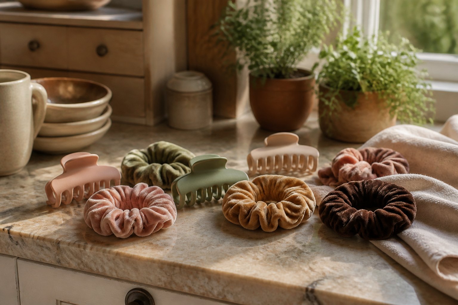 A model displays various trendy hair accessories in a stylish environment.