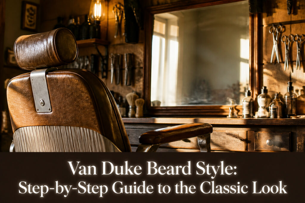 Model with a classic Van Dyke beard in a stylish environment.