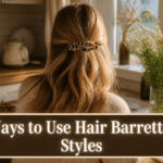Various hair barrettes of different sizes and shapes on a fabric surface.