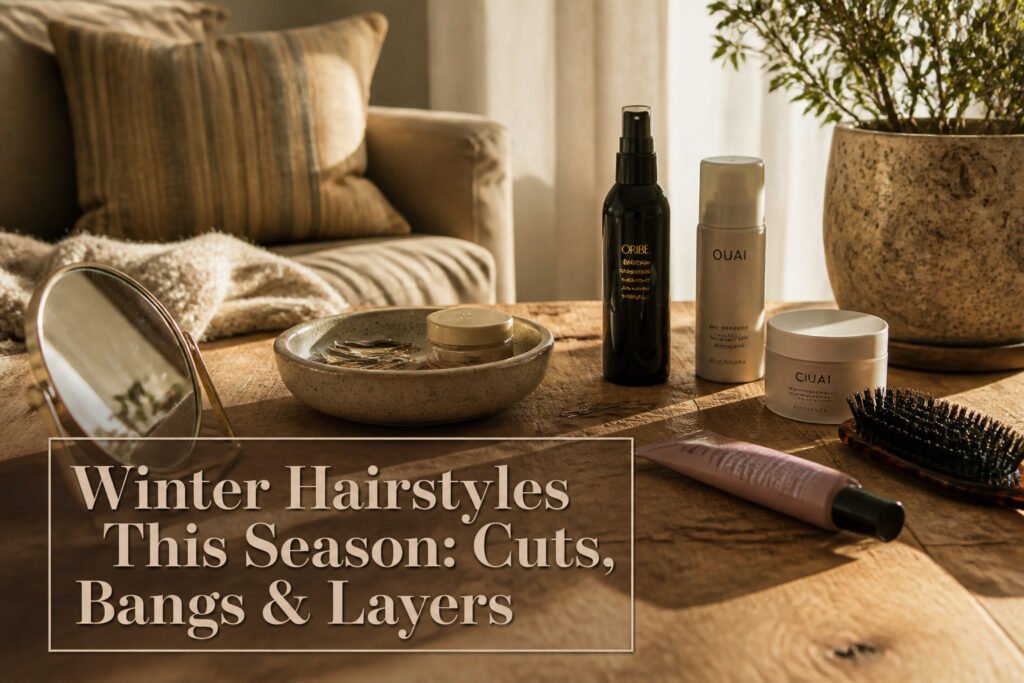 Model displaying various winter hairstyles in a chic environment.