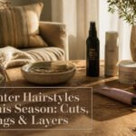 Model displaying various winter hairstyles in a chic environment.